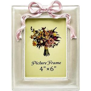 Vintage Picture Frame 4x6 Inch, Ornate Cute Photo Frames with Glass Front, Pink Bow Design, Tabletop & Wall Hanging, Girls Room Decor, Gift Ideas, Pearly White