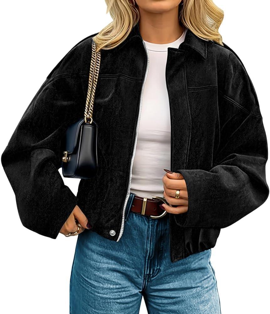 Womens Faux Suede Jackets Fall Fashion Outfits Coat Winter Clothes Open Front Cropped Jacket (Medium, Black)