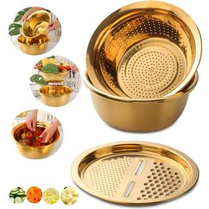 3PC/Set Colander set Stainless Steel Vegetable Slicer Fruit Potato Peeler Carrot Grater Strainer Utensil Round Rice Washer Bowl Drain Basket-Gold