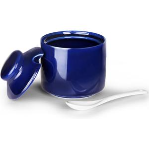 HAOTOP 8 oz Sugar Bowl with Lid and Spoon,Ceramic Sugar Jar Sugar Dispenser Sugar Container Coffee Bar Accessories, Kitchen Countertop Canisters (Navy)