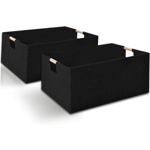 xianshengle Fabric Storage Basket for Shelves, Collapsible Storage Bins with wood Handles, Rectangle Closet Baskets, Wardrobe Organiser, for Sorting Clothes, Family Items (Black) (2)