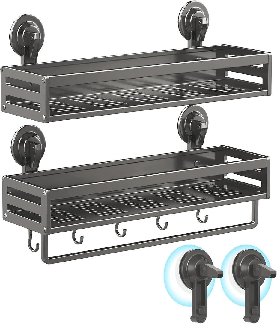 Shower Caddy Suction Cup, 15.8 inch 2 Pack Suction Shower Shelf with Hooks NO-Drilling Bathroom Holder, Rustproof Bathroom Organizer, Includes 2 Extra Suction Cups, Dark Grey