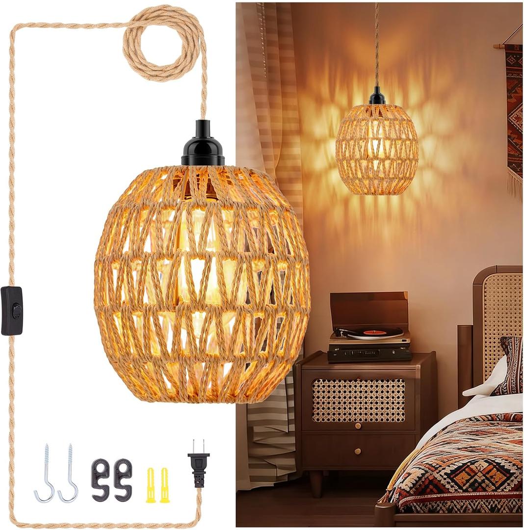 Plug in Pendant Light - Boho Rattan Hanging Lamp with 15ft Hemp Rope Cord, 3-Bohemia