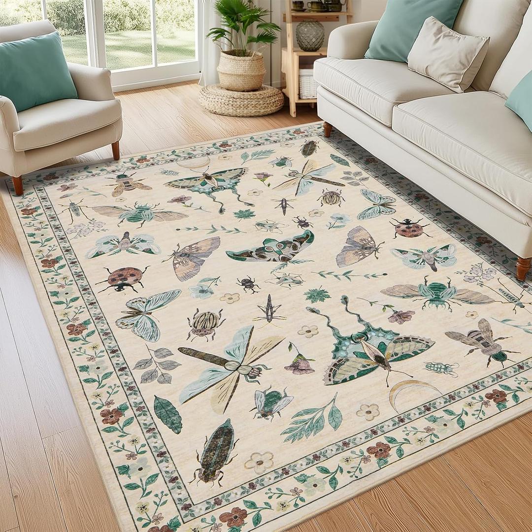 8x10 Area Rugs with Insect Print - Non-Shedding Stain Resistant Living Room Rug for Bedroom, Kids Nursery, Low Pile Ultra-Thin Large Area Rug Machine Washable Soft Carpet for Dining Room (8'x10')