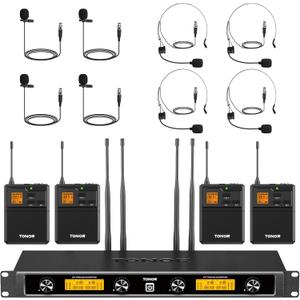 TONOR UHF Wireless Microphones System with Headset/Lavalier Lapel Mics, Bodypack Transmitter, Receiver, 4 * 10 Channels, 90 m/295ft Range for Live Singing Karaoke Church Party DJ, 4 Bodypack Mics