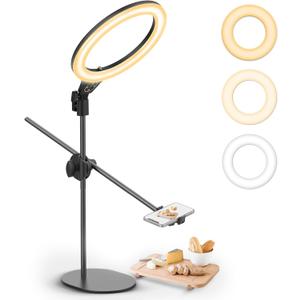[Upgraded Base] ULANZI Overhead Phone Mount with 10" Selfie Ring Light, Tabletop Light Stand with 360 Shooting Arm, 3500k-6500K Dimmable Ring Light for Video Recording, Live Stream, Portrait & Makeup