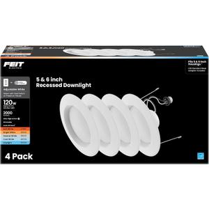 Feit Electric 5/6 Inch LED Recessed Downlight, 22.5W (120W Eqv), Dimmable, Adjustable White 2700K5000K, Retrofit Kit, E26 Adapter, Ideal for Larger Spaces or High Ceilings, LEDR56XHO/6WYCA/4, 4 Pack