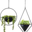 Metal Hanging Planters, Modern Plant Hanger with Pots, Set of 2 Black Plant Holders in Diamond and Round Shape, Small Wall and Ceiling Planter for Indoor Plants, Home Dcor- Black