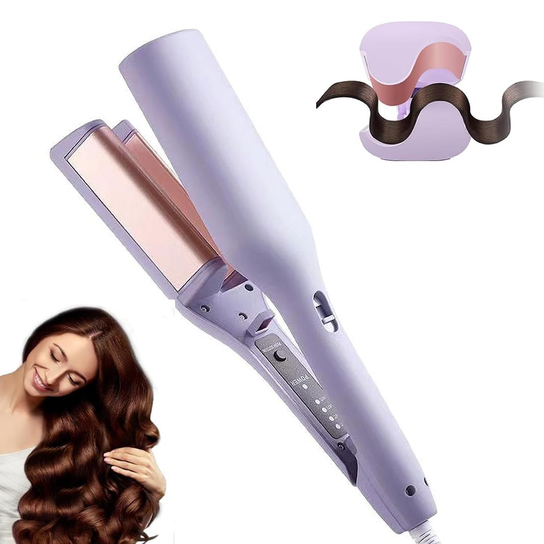 Waver Curling Iron, 4 Adjustable Temp Crimper Hair Tool with 2 Ceramic Barrels, Anti-Scald, 15S Fast Heating, 1.25 Inch Crimper Hair Iron for Wide Deep Waves (Purple)