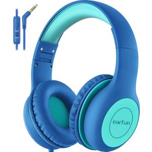 EarFun Kids Headphones Wired with Microphone, 85/94dB Volume Limit Headphones for Kids, Portable Wired Headphone with Shareport, Stereo Sound Foldable Headset for School/Tablet/iPad/Kindle Blue Green