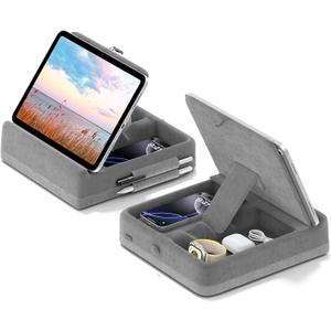 KDD Tablet Pillow Stand with Storage, Foldable iPad Holder for Bed, Lap and Desk, Angle Adjustable Soft Pad Dock with Stylus Mount Compatible with Ipad Pro 12.9, 10.5, 11, Air, Mini, Phones, Books, Light Gray