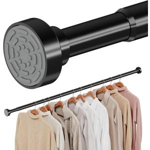 No Drilling Closet Rods for Hanging Clothes, Non Slip Tension Rod with Heavy Duty Clothes Hanging Rod, 17-28 Inches Adjustable Spring Closet Rod for Closet Wardrobe Bathroom Laundry RV, Black