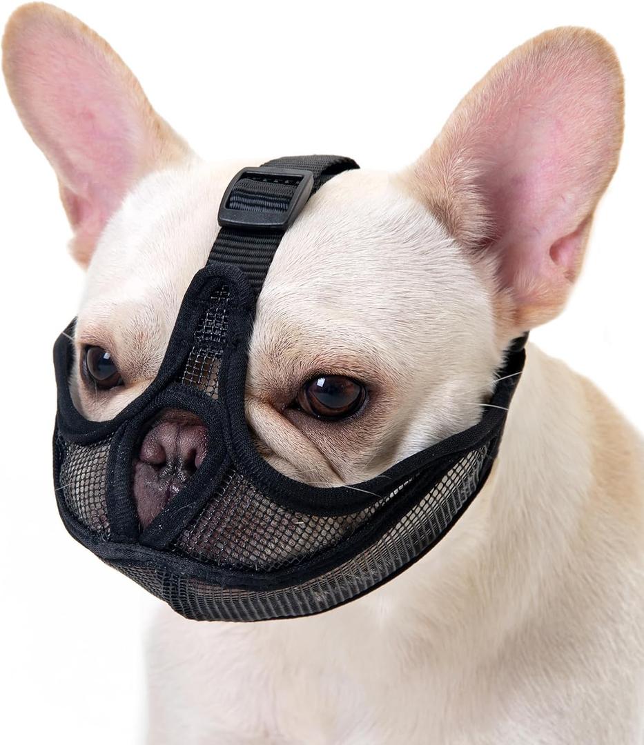 Short Snout Dog Muzzle with Soft Mesh, Breathable Wont Cover Forehead Bulldog Muzzle, Anti Biting Chewing Barking for Small Medium Large Dogs (L,Black)