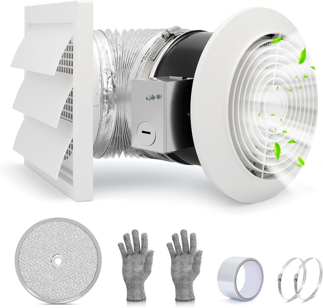 512M Bathroom Exhaust Fan, 6 Inch Wall Mounted Kitchen Exhaust Fan with White Grille, 80 CFM 4.0 Sones, 15-Inch Retractable Duct, Garage Fan, Bathroom Fan, Attic Fan