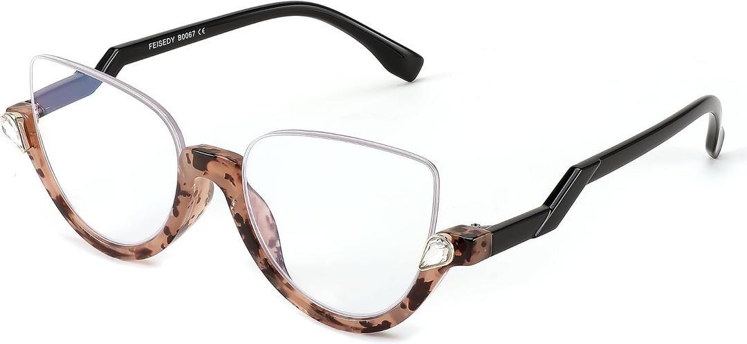 FEISEDY Reading Glasses for Women Fashion Half Frame Cat Eye Glasses Anti Glare Eyeglasses B0067