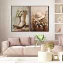 2pcs Vintage Western Cowgirl Canvas Wall Art daisy Cowgirl Boots & Hats Posters Rustic Farmhouse Pictures Trendy Preppy Dorm Room Wall Decor Western Floral Painting Country Style Prints (Unframe) 12x16in and 16x24in