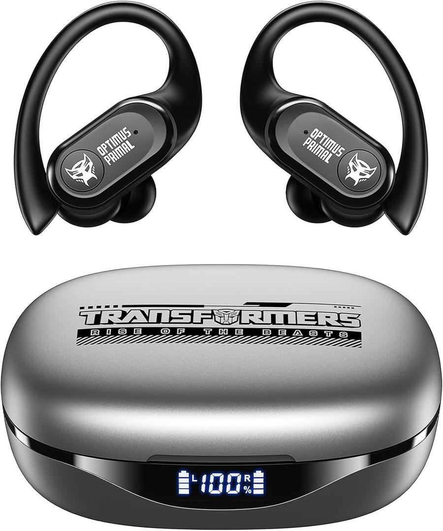 Transformers Over The Ear Earbuds Wireless Bluetooth 5.4 LED Power Display Earbuds with Earhooks 65H Playtimes Deep Bass IPX5 Waterproof Ear Buds for Sports/Workout, TF-T26 Optimus Prime (Grey)