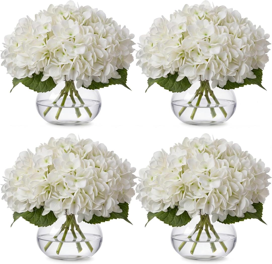 Zeyune 4 Pack Artificial Hydrangea Flowers with Vase (White)