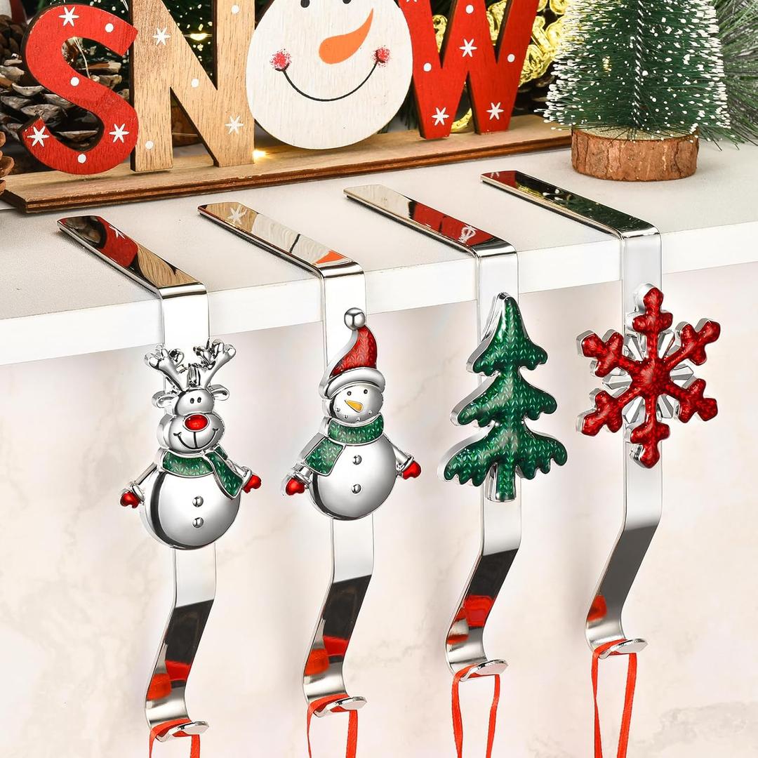 Christmas Stocking Holders for Mantle Set of 4, Weighted Stocking Hangers for Mantel Fireplace, Stocking Hooks for Xmas Decoration (Colorful)