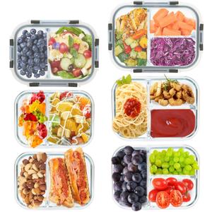 2 & 3 Compartment Glass Meal Prep Containers - Glass Food Storage Lunch Containers with Lids, Glass Bento Box, Portion Control, Freezer to Microwave Safe (Mixed Sizes(2,3 compartment) - 6 Pack,Grey Set)