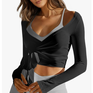 Fisoew Womens Wrap Tie Tops Long Sleeve Workout Crop Wrap Shirts Casual Lightweight Ballet Pilates Yoga Active Tops, M