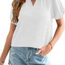 SHEWIN Womens Tops Casual Puff Short Sleeve Shirts Ruffle V Neck Loose Blouses (White, M)