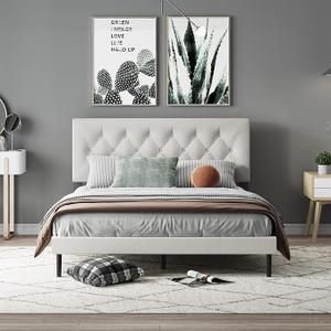 LUBEDCY Queen Size Velvet Platform Bed Frame with Upholstered Headboard, Sturdy Wooden Slats, No Springs Required, Easy to Assemble, Noiseless Sleep, Light Grey