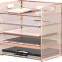 Supeasy 5 Trays Paper Organizer Letter Tray with Handle-Mesh Desk File Organizer, Paper Sorter Desk Organizer for Office, Home or School (Rose Gold)