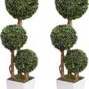 Damomo Artificial Boxwood Ball Topiaries Trees, Outdoor 3ft Fake Topiary Triple Ball Boxwood Tree 2 Packs, Faux Shrubs Green Plants Detachable Sphere Potted Decor Indoor Porch or Garden 35inch