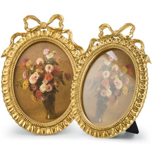 Chunful 1 Pcs Vintage Gold Bow Picture Frames 5x7 Inch Oval Antique Photo Frames Ornate Baroque Resin with Glass Front for Home Tabletop Display Wedding Gallery Wall Hanging Party Decor