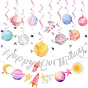 Pre-strung Space Party Decorations for Girls, Pink Space Themed Party, Pastel Outer Space Party Decorations, with 2 Banners, Solar System Planet Swirl Streamers, Hanging Dazzling Star Garlands for Kids, Girls