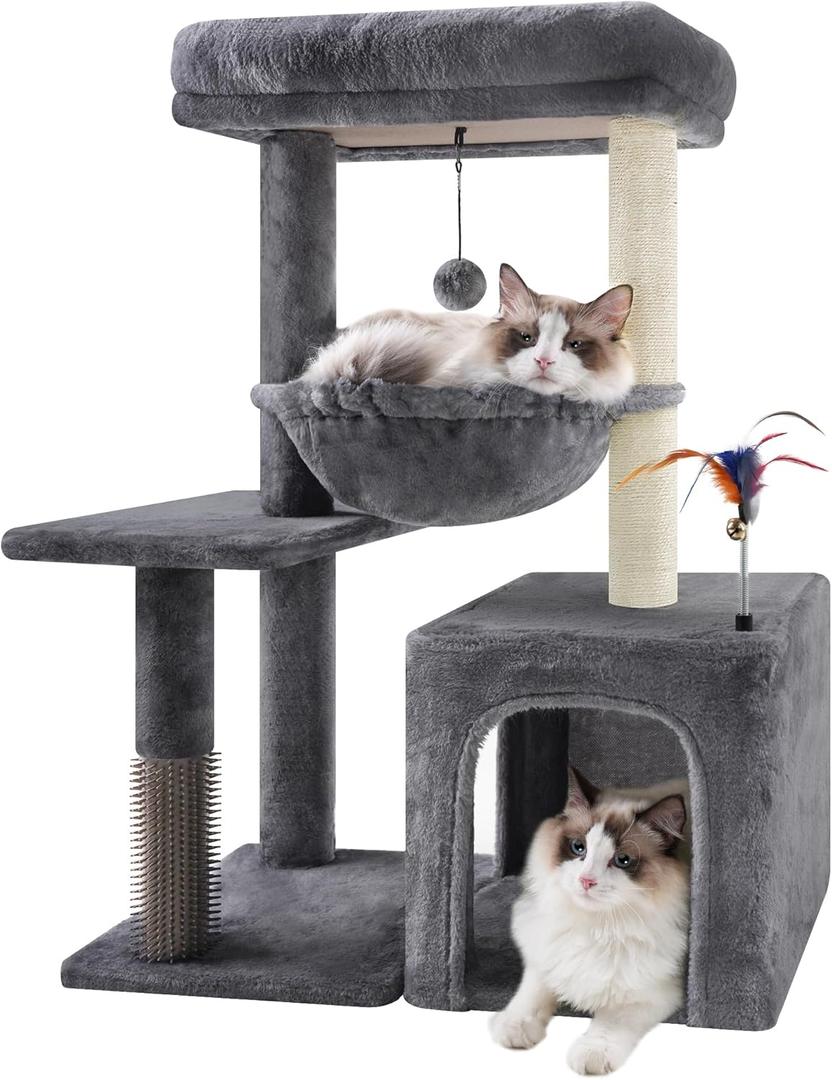 31.50" Cat Tree for Indoor Cats with Cat Condo and Scratching Post,Cute Cat Tower with Self-Grooming Brush and Toy Balls,Grey