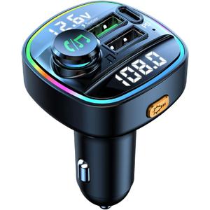 Bluetooth FM Transmitter for Car, Hands Free Calling, Dual Screens Display, QC3.0 & USB-C PD 20W Quick Charger & 7 Colors LED Backlit Car Radio Bluetooth Adapter, Support USB Disk