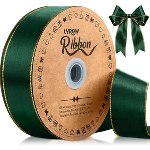 Lyrow 100 Yards Forest Green Satin Ribbon with Gold Edges 1.5 Inch Gold Border Fabric Ribbons Funeral Ribbon for Gift Wrapping DIY Crafts Wedding Shower Corsage Bible Decoration Bows Bouquet