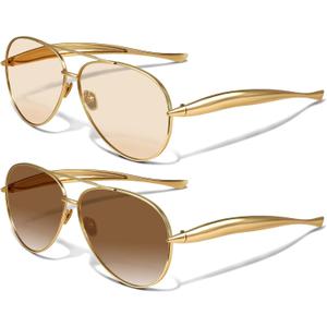 YDAOWKN Retro Gold Aviator Sunglasses for Women Men, Metal Oversized 70s Aviators Sun Glasses (B-gold Frame Champagne Lens + Gold Frame Gradient Brown Lens)