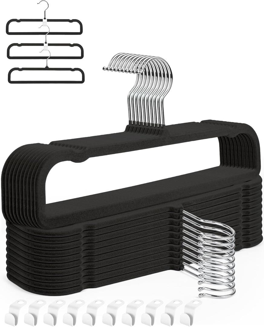 HGYZE Velvet Pants Hangers with Non Slip Bar, 20 Pack Felt Trouser Hanger, Perchas Terciopelo, Percha para Pantalones with 360 Swivel Hook for Spaghetti Strap Dresses, Shorts, Jeans, Slack, Black