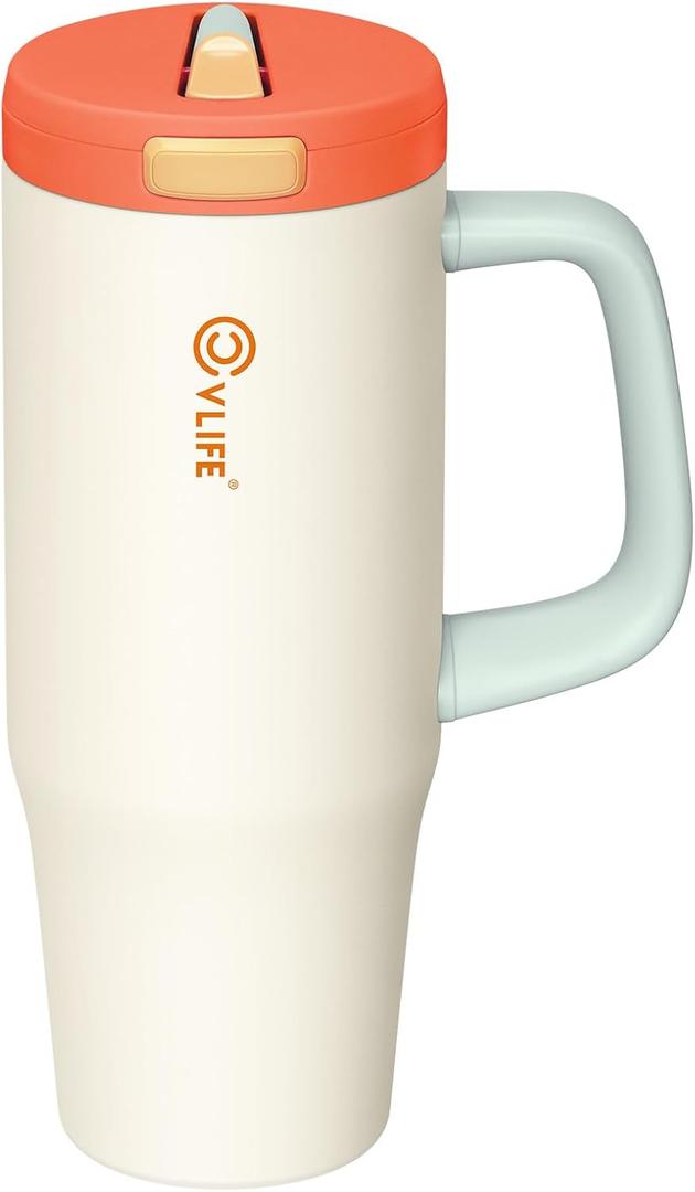 CVLIFE Insulated Tumblers with Handle Leak Proof Tumbler with Lid and Flip Straw 32 oz Insulated Water Bottle Fits in Cup Holder (Beige)