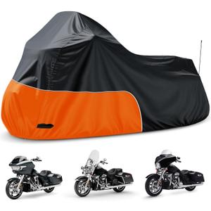 Motorcycle Cover Fits for Harley Davidson Road King Road Glide Electra Glide Low Rider-ST HD Goldwing, All Weather Waterproof Cruiser Motorcycle Cover, Black&Orange (107"-Side Box)
