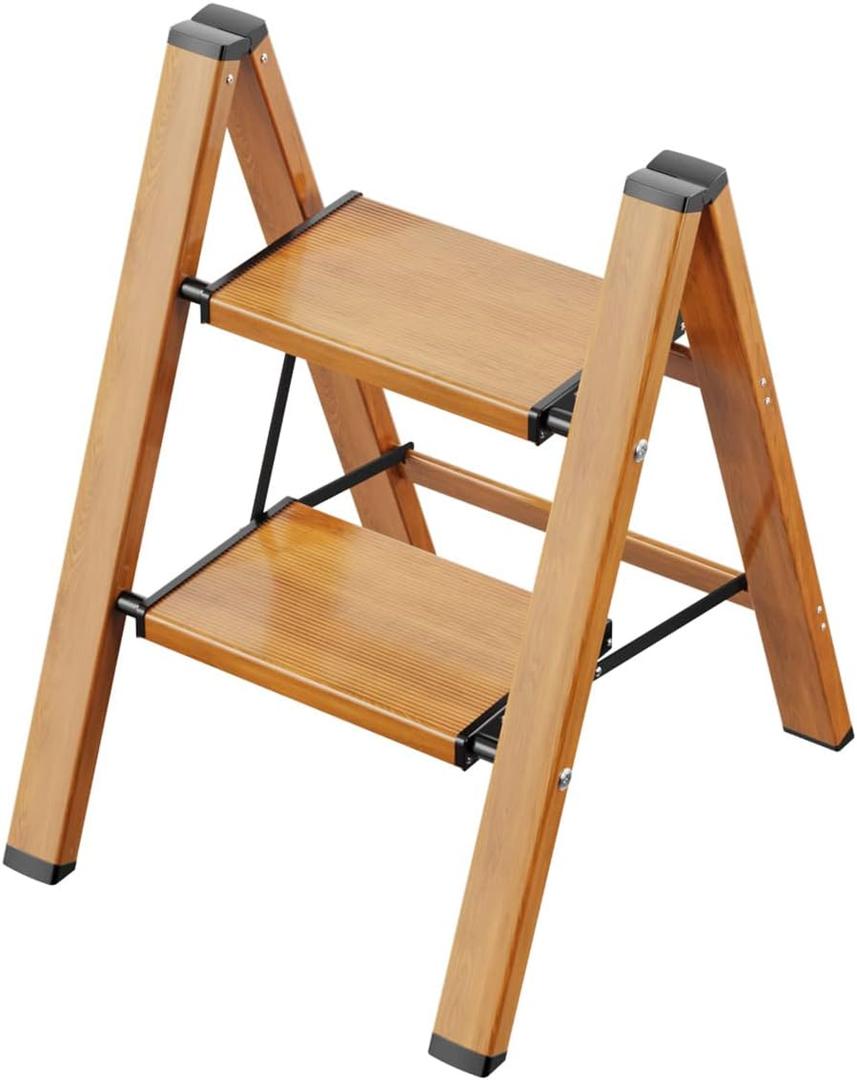 GameGem 2 Step Ladder, Aluminum Folding Step Stool with Anti-Slip Sturdy and Wide Pedal, Lightweight Portable Multi-Use Stepladder for Home and Kitchen Use Space Saving, Woodgrain, 330 lbs