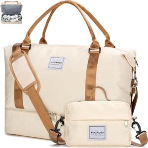 WOOMADA Weekender Overnight Bag for Women, Shoulder Travel Duffel with Shoes Compartment,Gym Bag with Toiletry Bag (Beige&Brown)