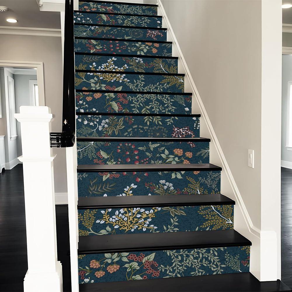 REDAMANCY Vintage Dark Navy Botanical Plants Flowers Leaf Peel and Stick Vinyl Stair Riser Decals Staircase Tile Stickers Decor Modern Marble Decoration Self-Adhesive(14 Pcs)