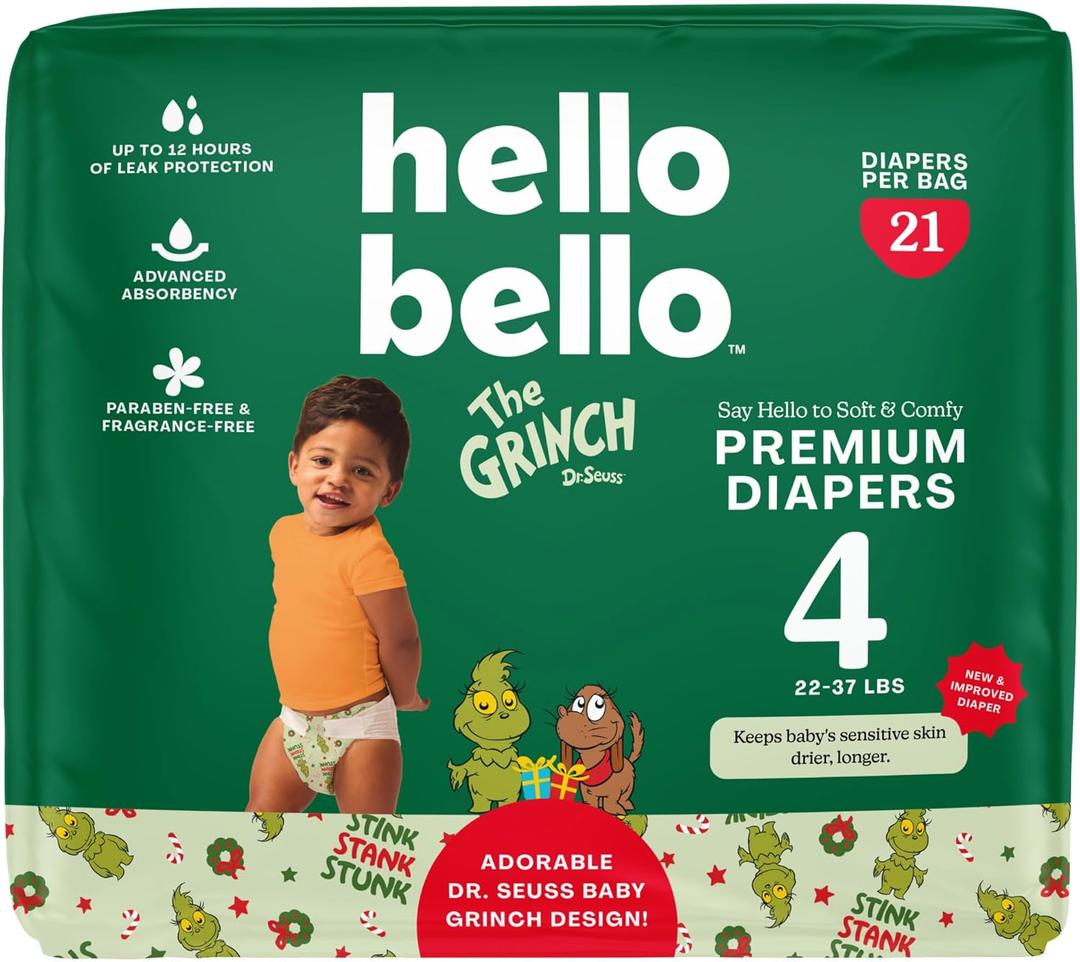Hello Bello Diapers, Size 4 (22-37 lbs) Dr. Seuss Baby Grinch - 21 Count of Premium Disposable Baby Diapers, Hypoallergenic with Soft, Cloth-Like Feel
