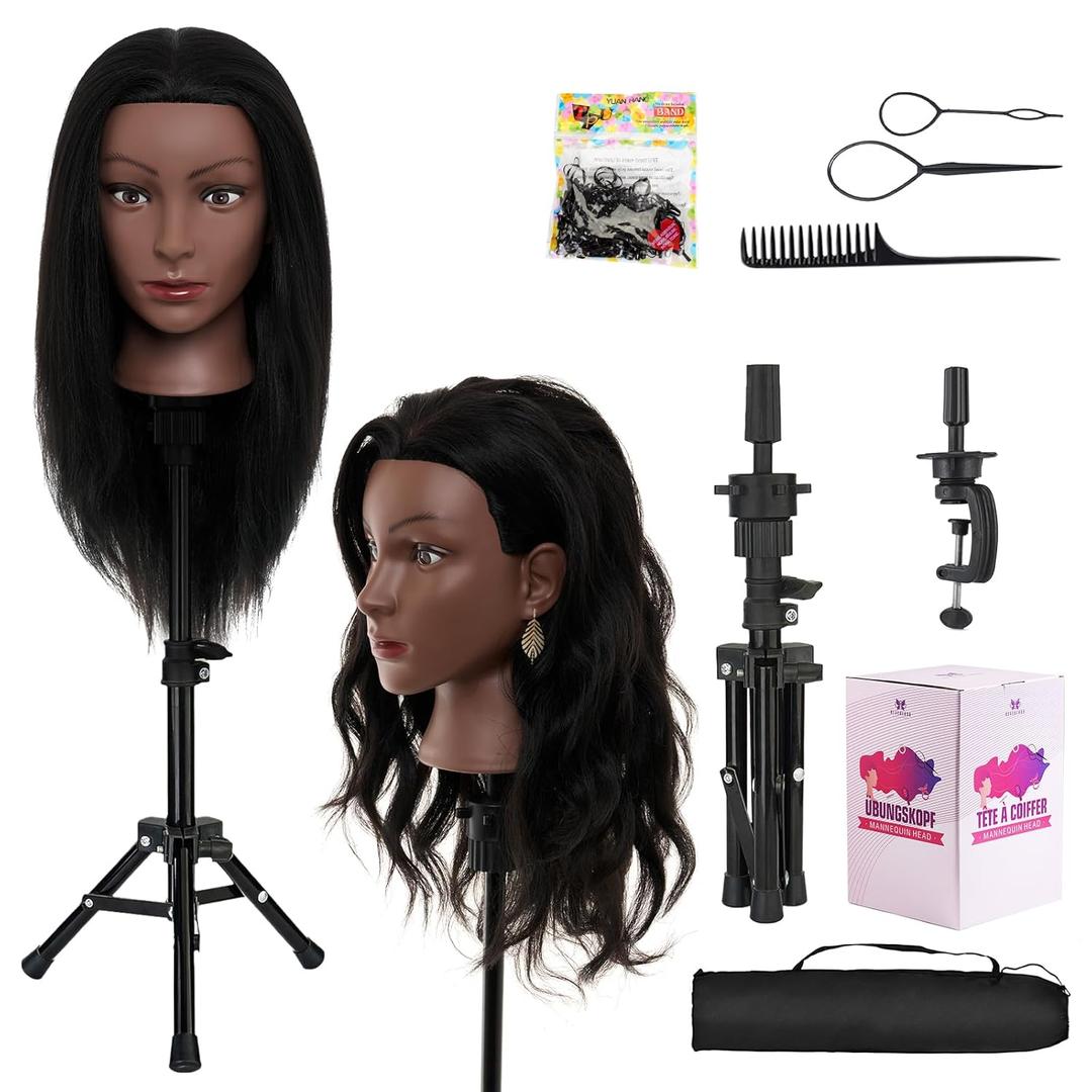 20-22 Inch Mannequin Head Human Hair with Stand,100% Real Human Hair Mannequin Head for Braiding,Cosmetology Manikin Doll Head for Styling with Table Clamp Hair Braiding Set (Brown) (30 Black)