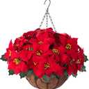 Artificial Fake Christmas Hanging Flowers Plants Basket for Outdoor New Year Decoration, Faux Silk Red Poinsettia UV Weather Resistant Realistic for Xmas Outside Porch Home Patio Decor