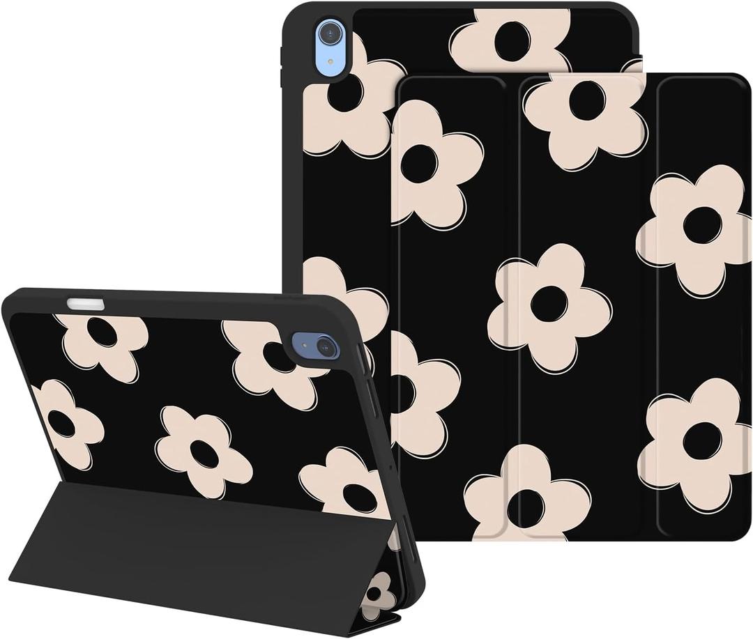 Case for iPad Air 11 Inch M4/M3/M2(2026/2025/2024), iPad Air 5th/4th Generation(2022/2020) 10.9 Inch, Protective Case with Pencil Holder, Trifold Stand Cute Cover for Girls, Flower Black