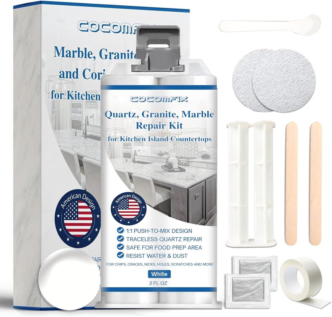 Quartz Countertop Repair Kit(White), Quick-Drying Quartz Chip Repair Kit for Edge Chips, Cracks, Scratches and Holes on Quartz, Marble, Granite, Porcelain and Other Stone Surfaces (No. 01 White)