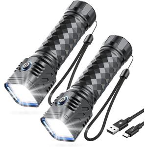 WdtPro Metal LED Flahlights High Lumens, 2 Pack 2000mAh Rechargeable Flashlights, Waterproof, 2000LM Bright Flash Light for Camping Hiking Outdoor Home Emergency Camping Essentials Gear