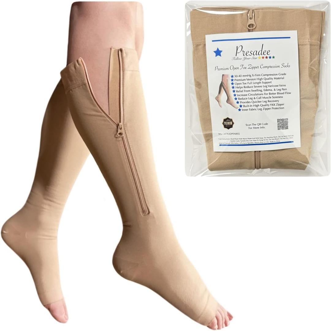 Presadee 30-40 mmHg Extra Firm Zipper Compression Leg Swelling Open Toe Socks (Nude, 1)
