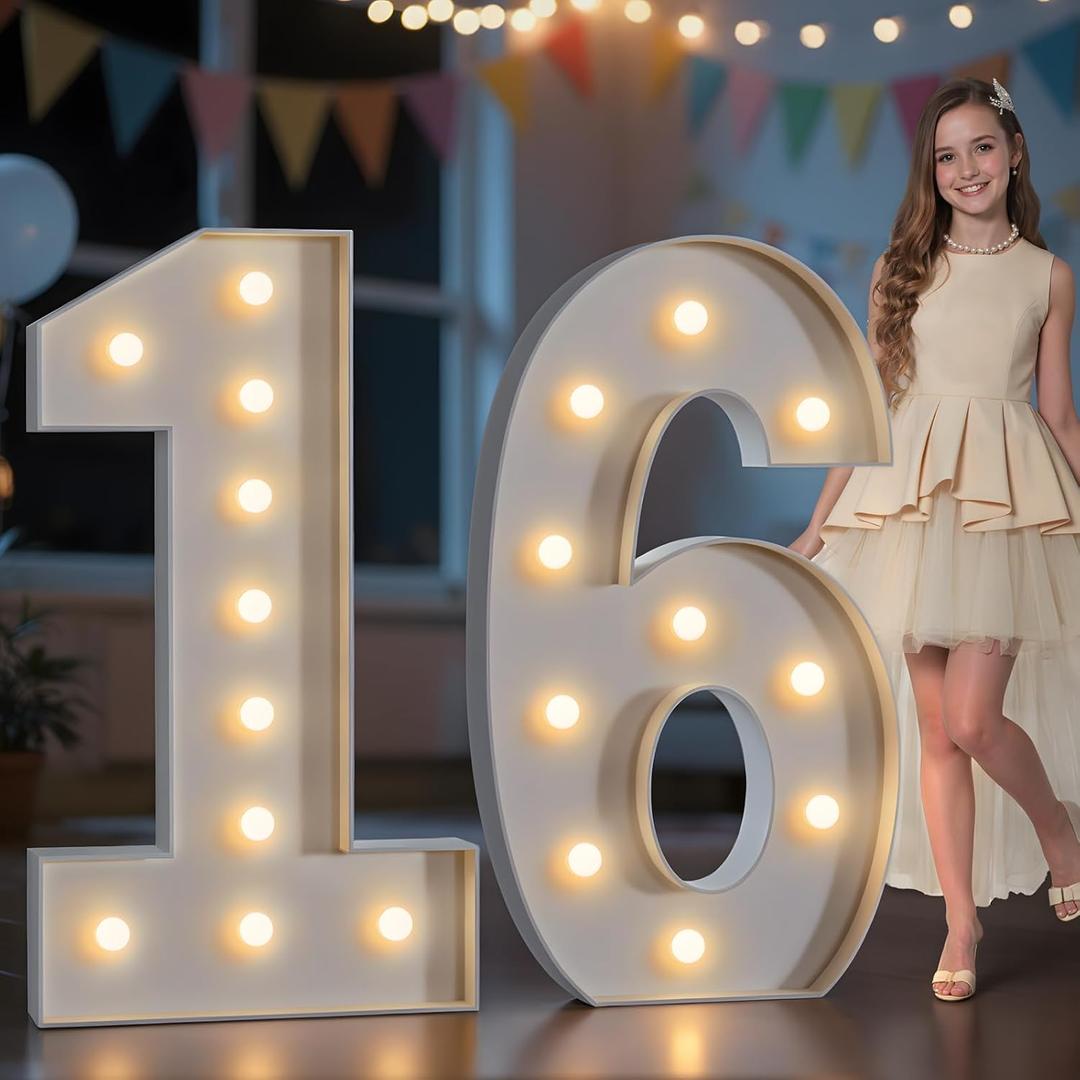 imprsv Marquee Numbers 16 Birthday Decorations: 4FT Tall Large Light Up Numbers Sweet 16 Years Old Birthday Decor for Girl Boy Big Sign Party Anniversary Cardboard Backdrop Signs Blocks Balloons
