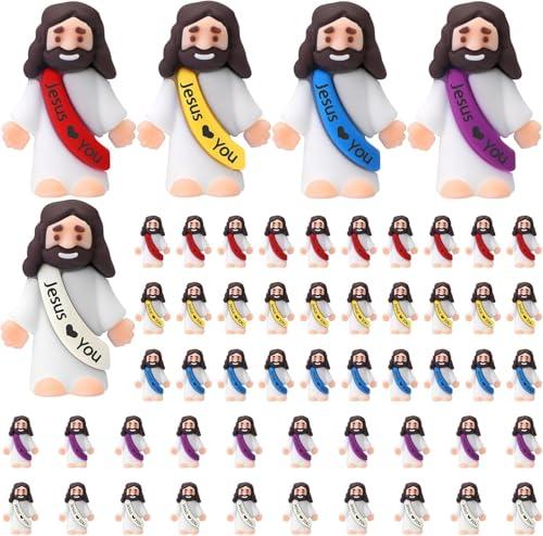PlentyGain 50 Pcs Mini Jesus Figures Jesus Loves You Tiny Figurines Religious Christ Party Favors Hide and Seek Easter Egg Party Share Gifts(Bright Colors)